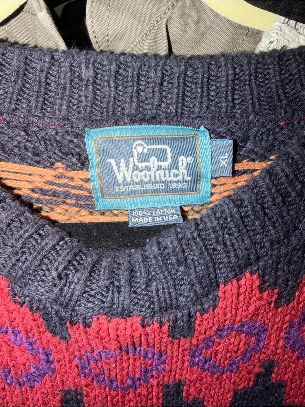 Woolrich Navy Crewneck Sweater with Red and Purple Fair Isle Accents - Picture 2 of 3